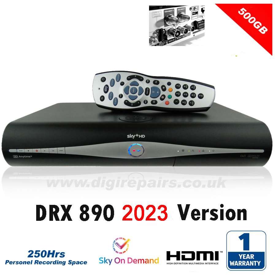 SKY+ HD BOX DRX 890 WITH RF OUTPUTS. BRAND NEW 500GB (250Hrs) HDD - 1 YEARS WARRANTY - FREE UK DELIVERY INCLUDED